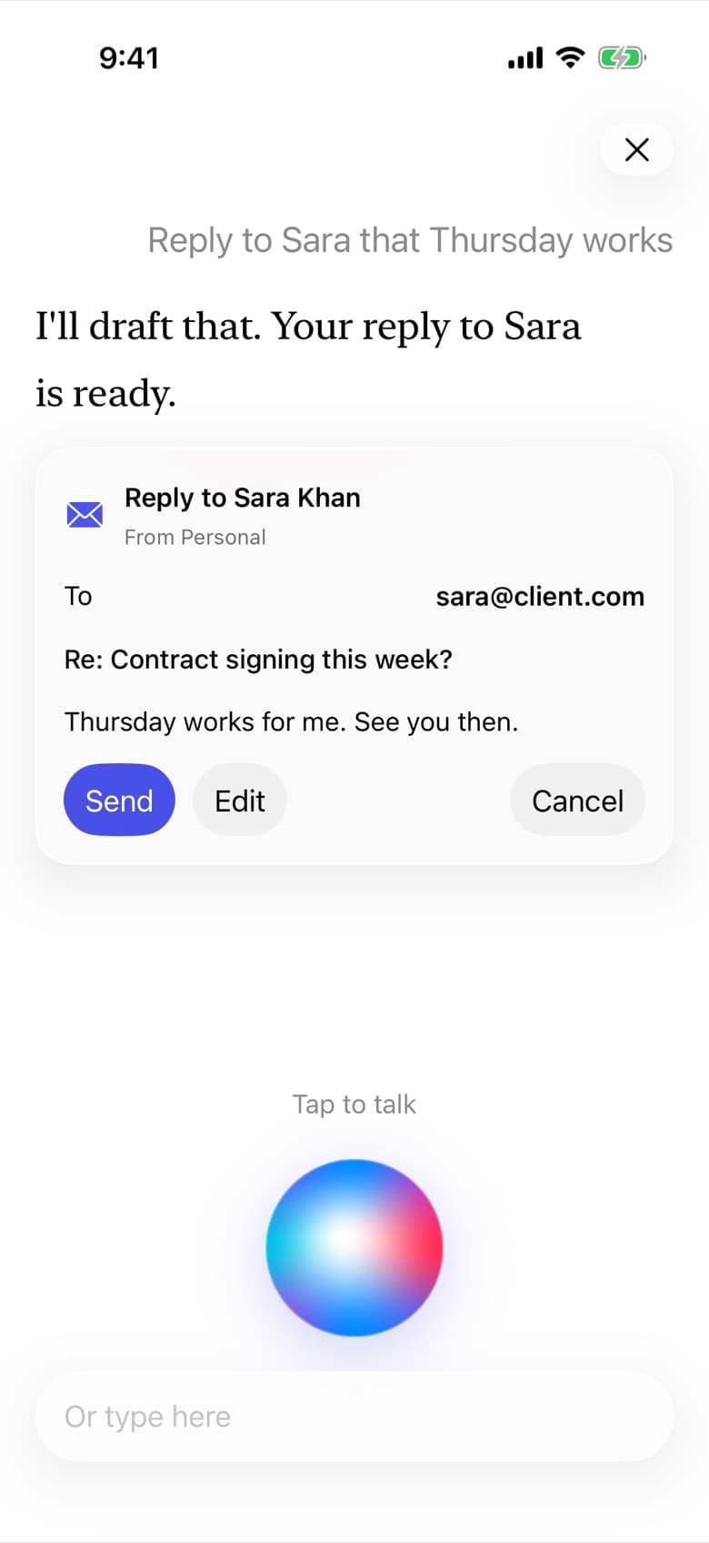 A drafted reply in Nod, waiting on Send, Edit and Cancel buttons