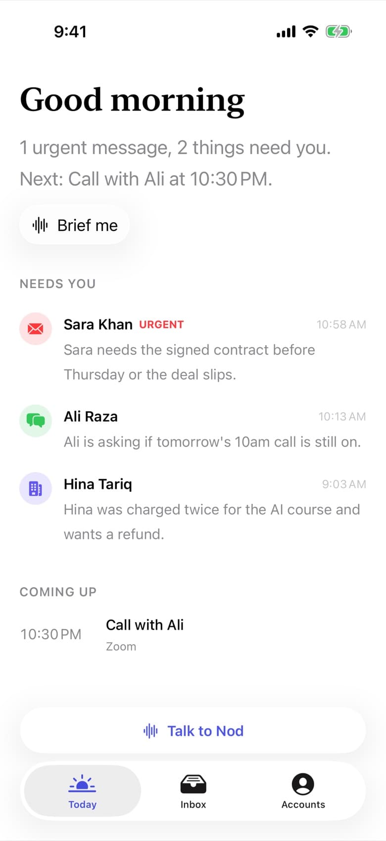 Nod's Today screen, listing one urgent message and two more that need a reply