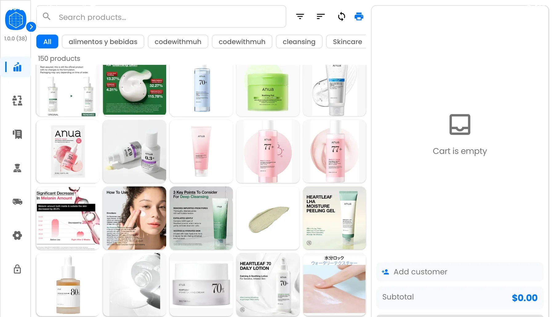 The Logistika Urbana POS sales screen on an Android tablet: a searchable grid of Korean skincare products with category filters, beside an order panel with an add-customer action and the subtotal