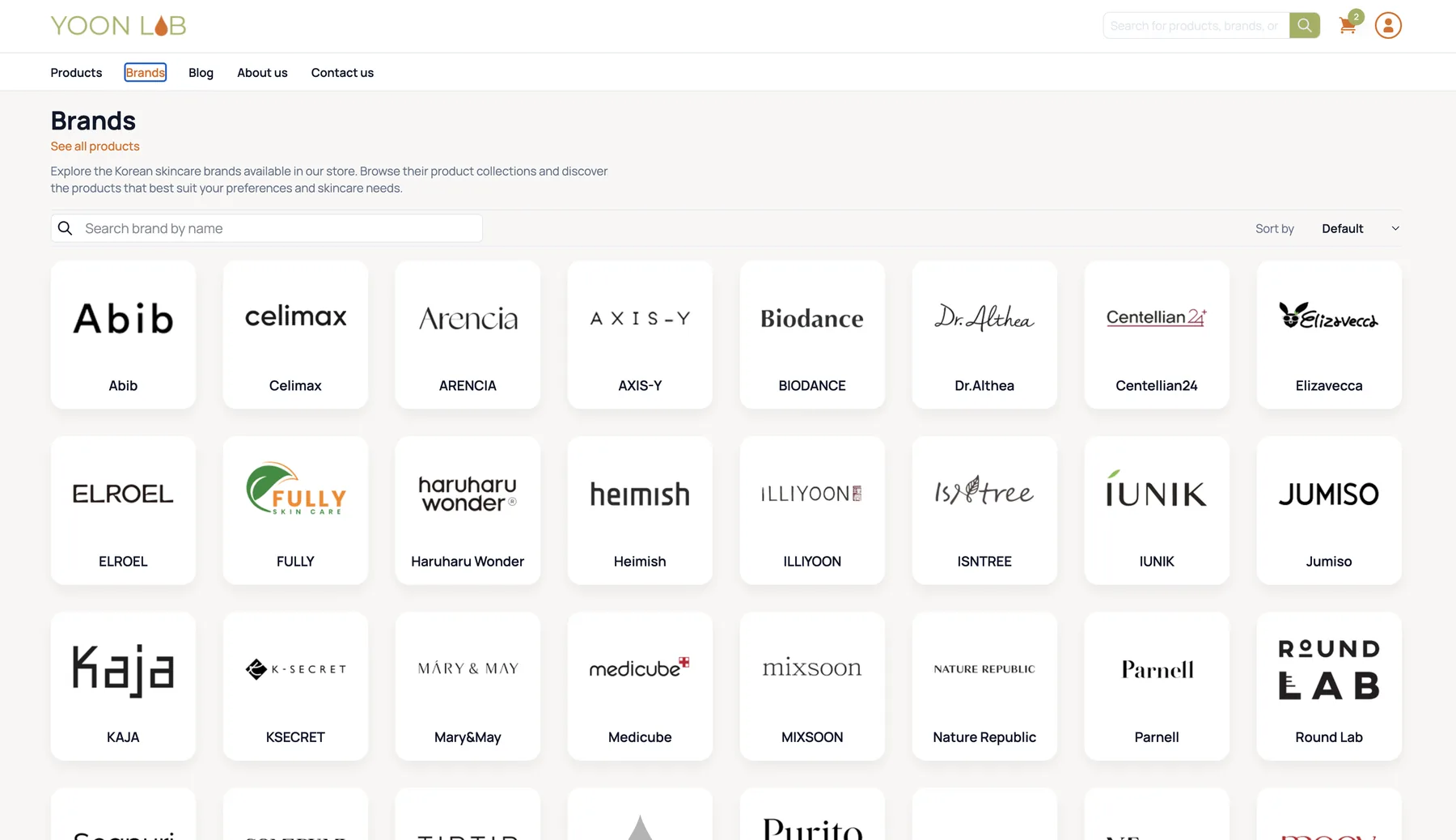 The Yoon Lab brand directory, listing more than thirty Korean skincare brands