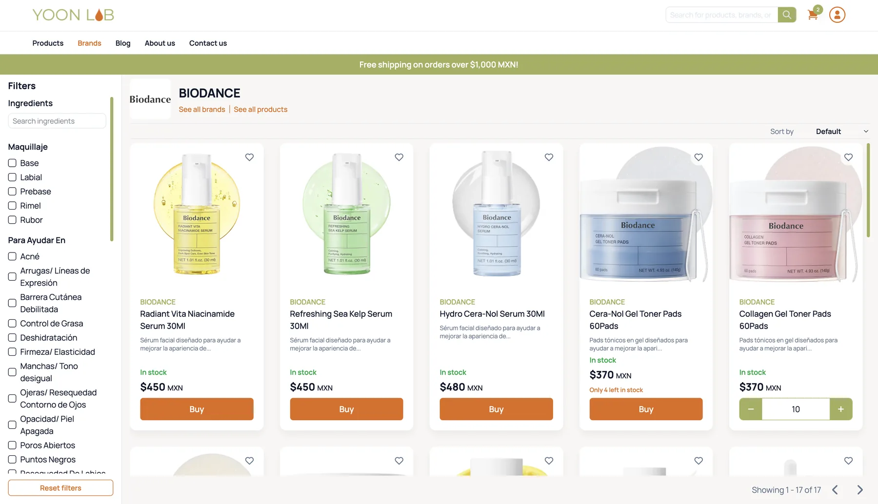 A Yoon Lab brand page filtered by skin concern, showing live stock levels on each product