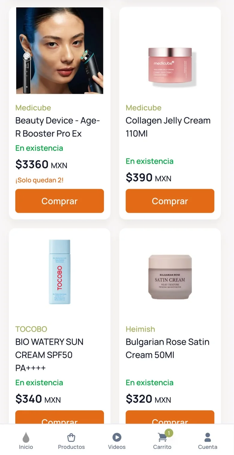 The Yoon Lab catalogue on a phone, in Spanish, with MXN prices, an in-stock label and a low-stock warning