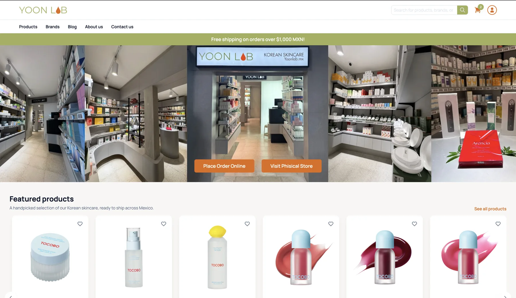 The Yoon Lab homepage: photos of the physical store, buttons to order online or visit the store, and featured Korean skincare products